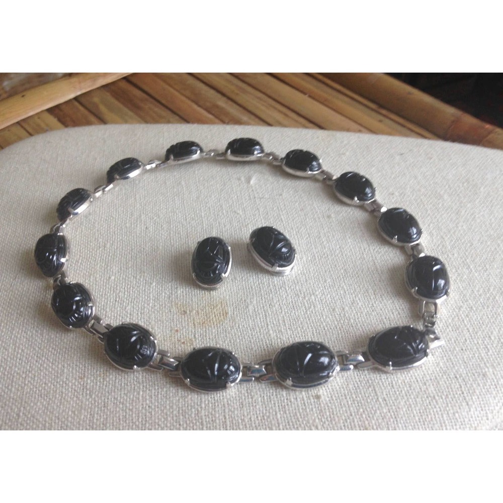 Vintage Black Scarab Choker & Earrings - Picture 1 of 10